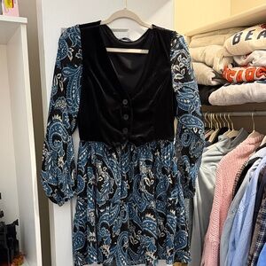Zara Black Velvet and Blue Paisley Long Sleeve Dress